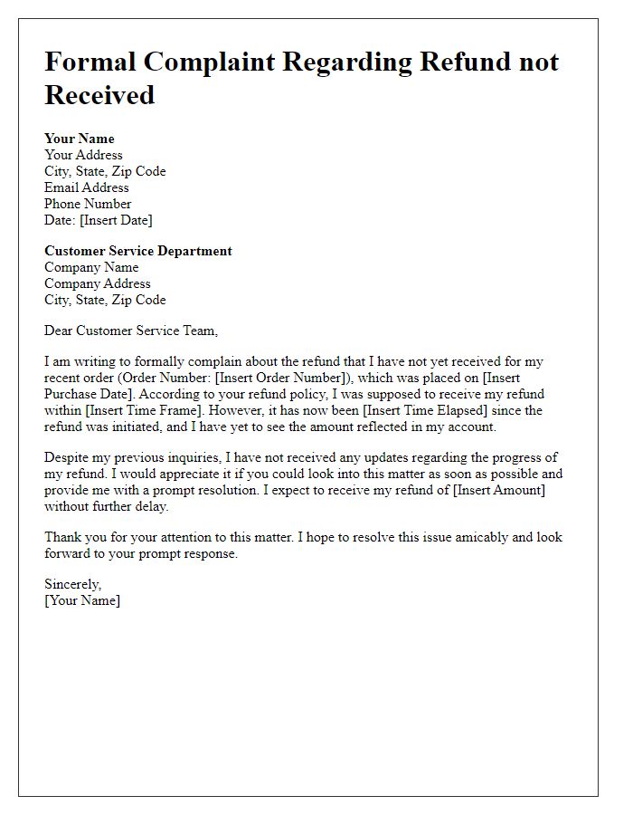 Letter template of formal complaint about refund not received.