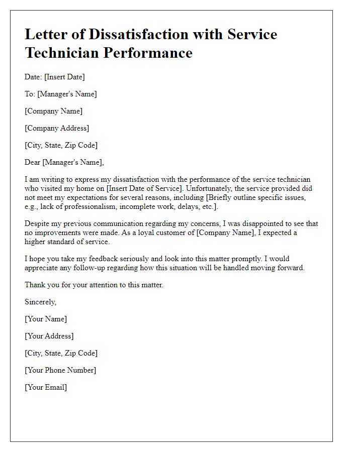 Letter template of dissatisfaction with service technician performance