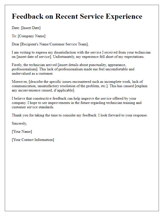 Letter template of feedback on poor experience with technician