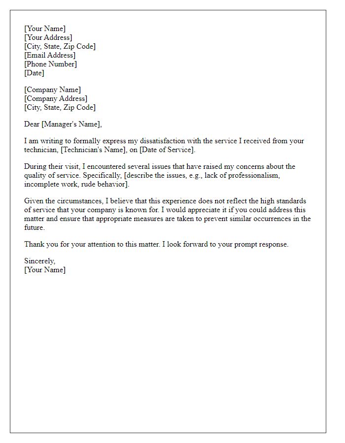 Letter template of grievance about unsatisfactory service technician