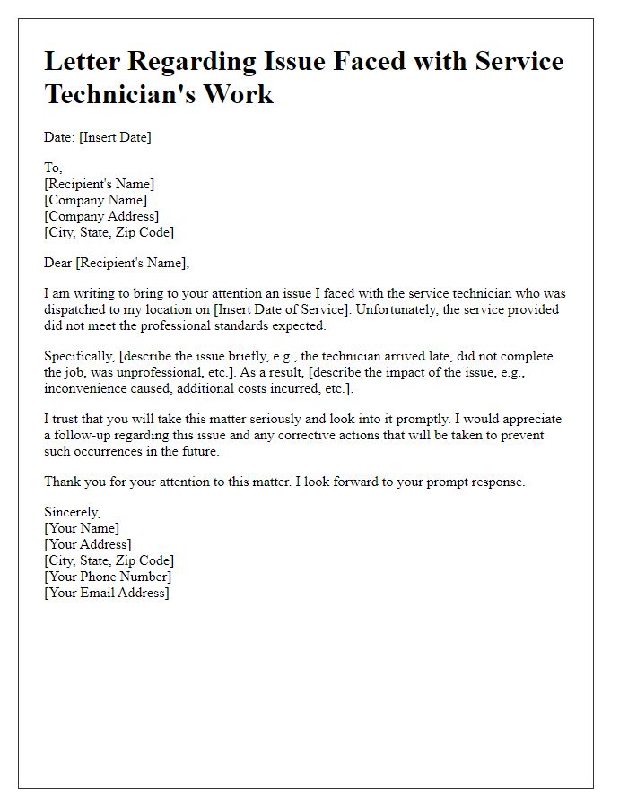 Letter template of issue faced with service technicians work