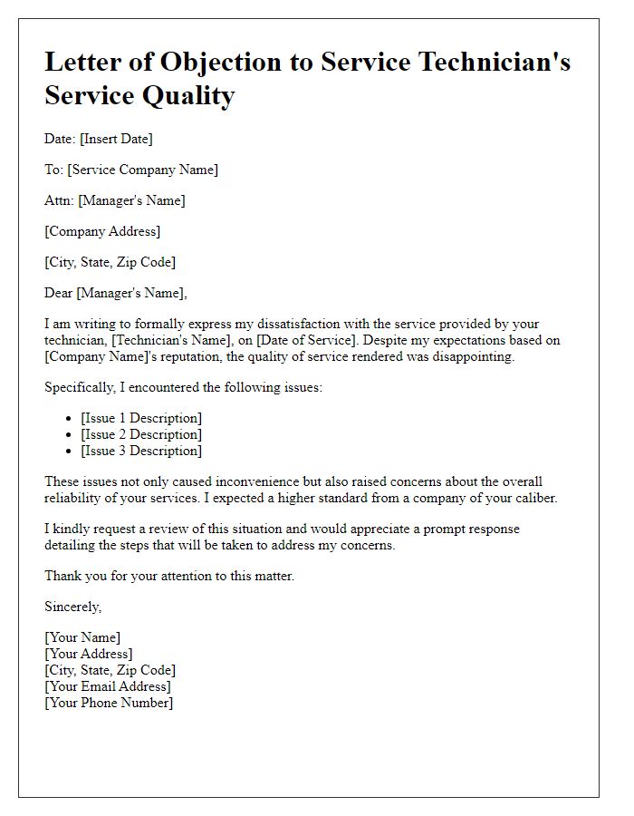 Letter template of objection to service technician's service quality