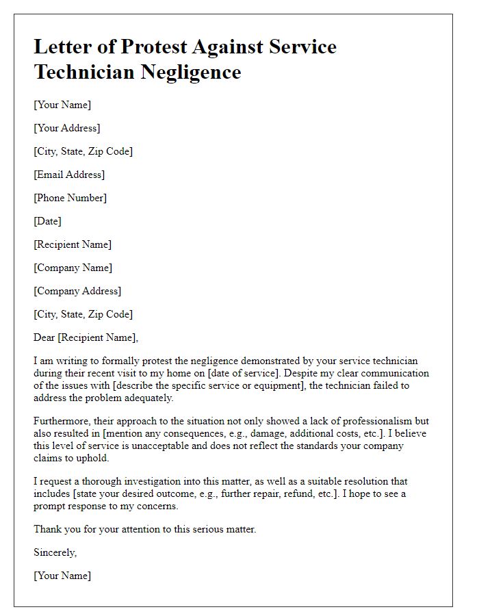 Letter template of protest against service technician negligence