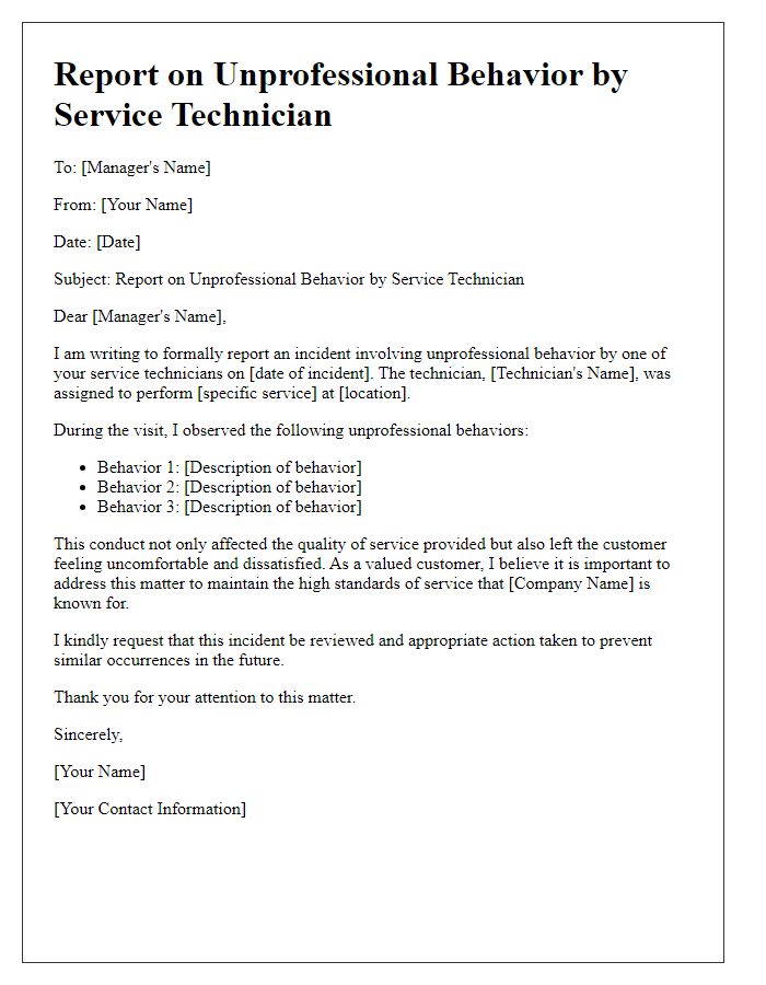 Letter template of report on unprofessional behavior by service technician