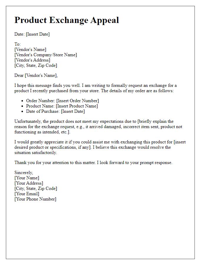 Letter template of appeal for product exchange with the ecommerce vendor.