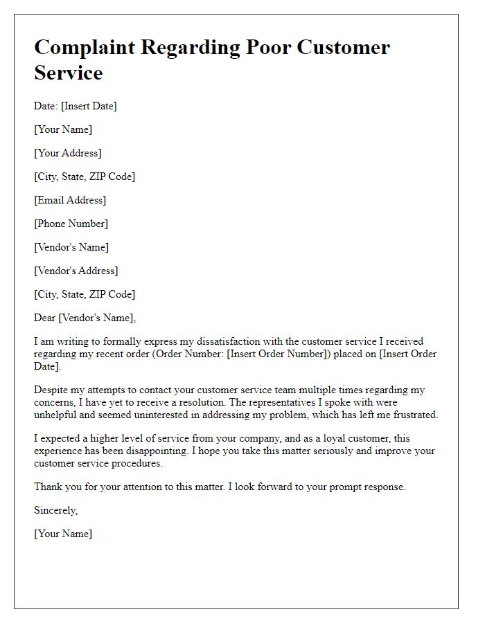 Letter template of complaint regarding poor customer service from ecommerce vendor.