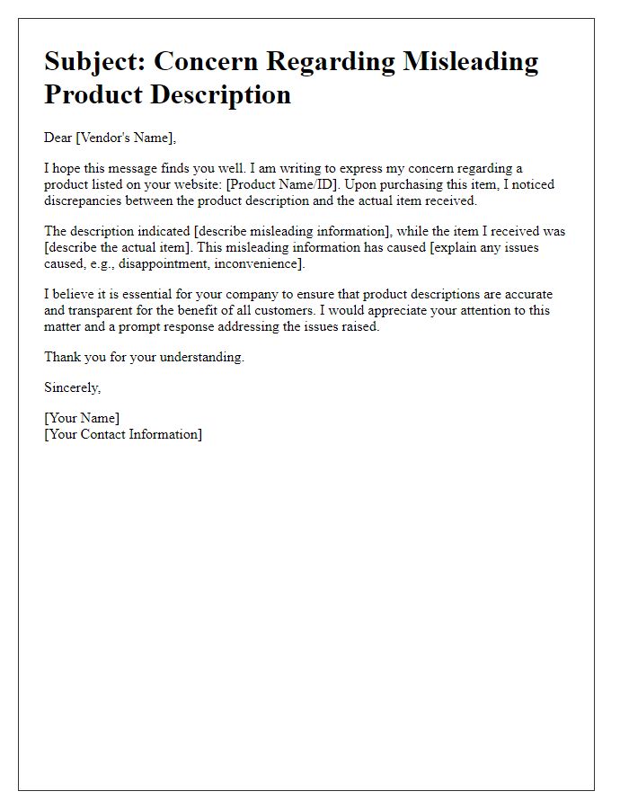 Letter template of concern raised to ecommerce vendor about misleading product description.