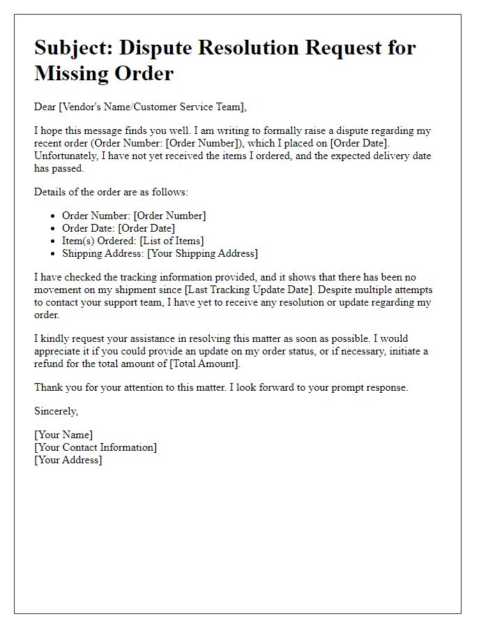 Letter template of dispute resolution request to ecommerce vendor for missing order.