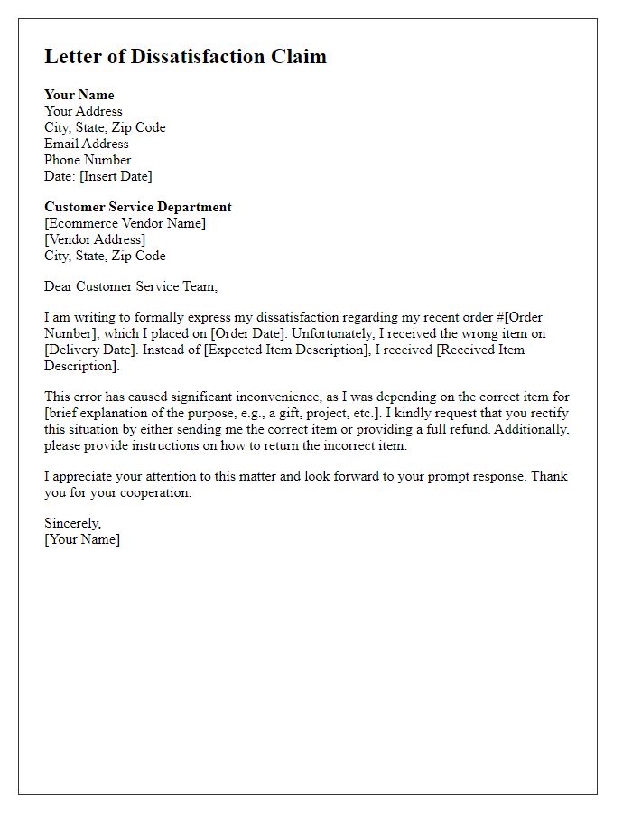 Letter template of dissatisfaction claim against ecommerce vendor for wrong item received.