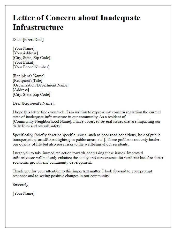 Letter template of concern about inadequate infrastructure