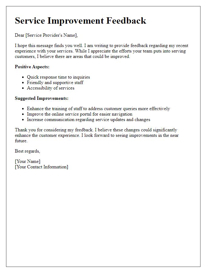 Letter template of service improvement feedback