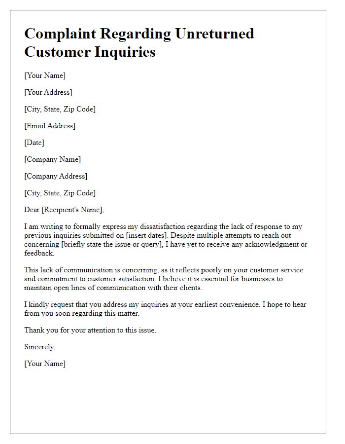 Letter template of complaint concerning unreturned customer inquiries.