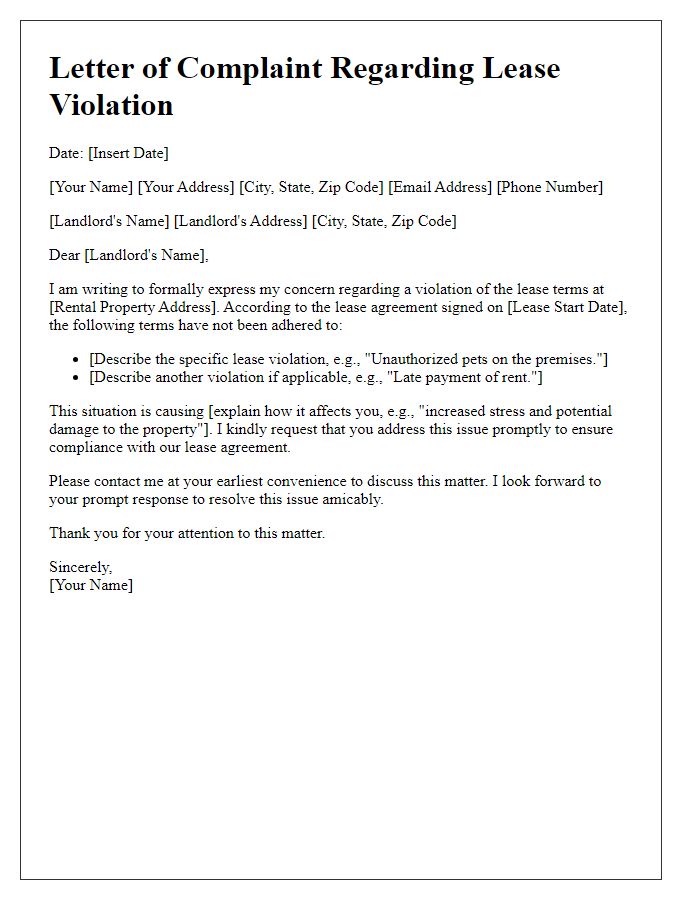 Letter template of complaint about violation of lease terms