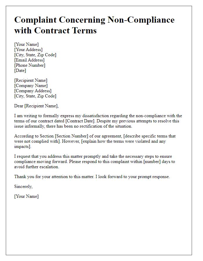 Letter template of complaint concerning non-compliance with contract terms