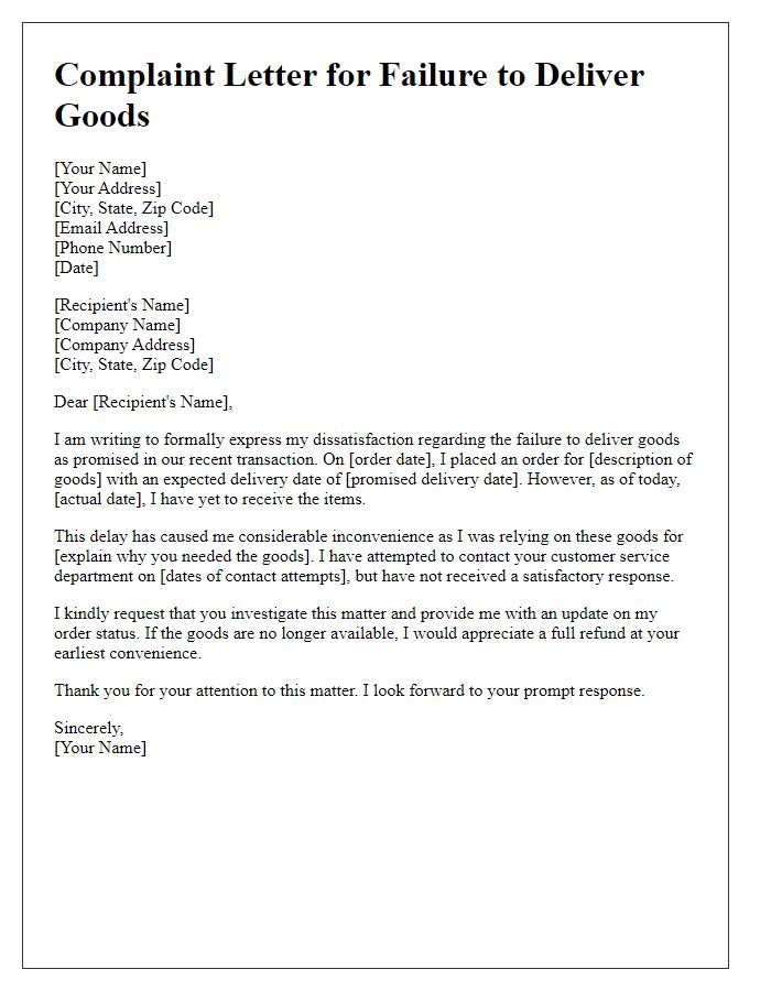 Letter template of complaint for failure to deliver goods as promised