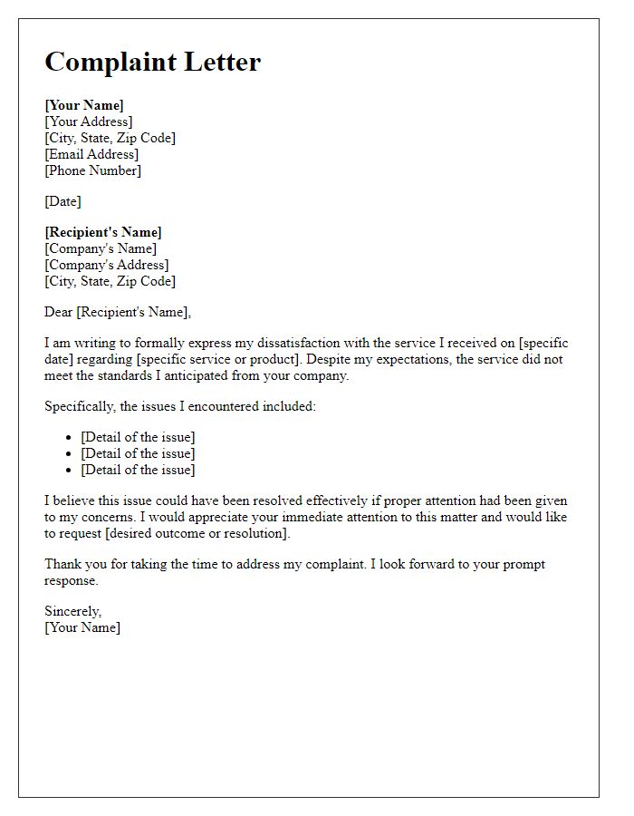 Letter template of complaint in response to inadequate service performance