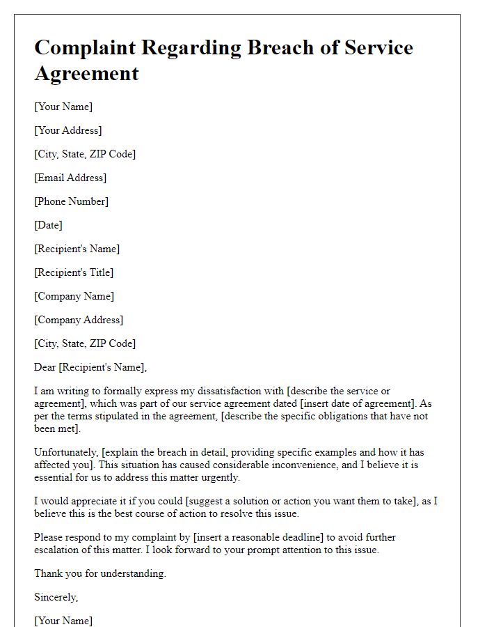 Letter template of complaint regarding breach of service agreement