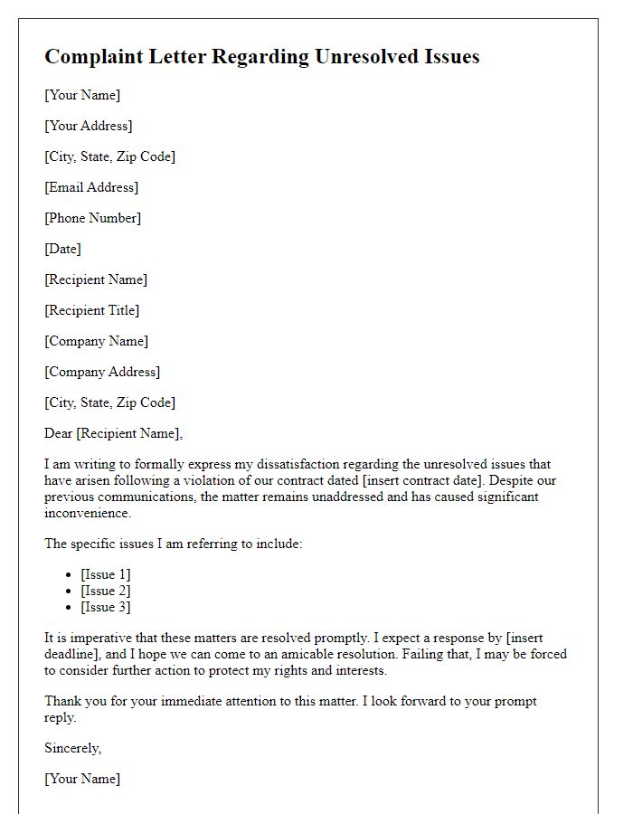 Letter template of complaint for unresolved issues following contract violation