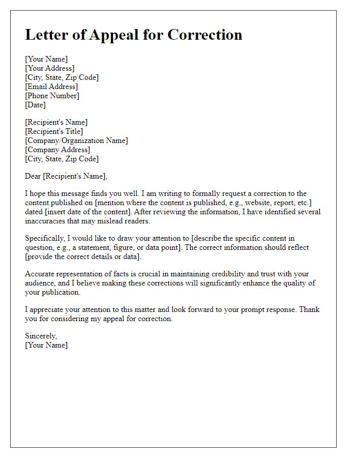 Letter template of appeal for correction of dated content.