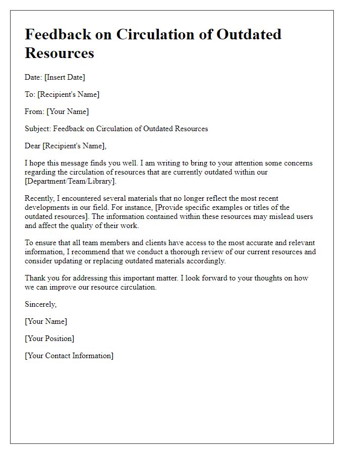 Letter template of feedback on the circulation of outdated resources.