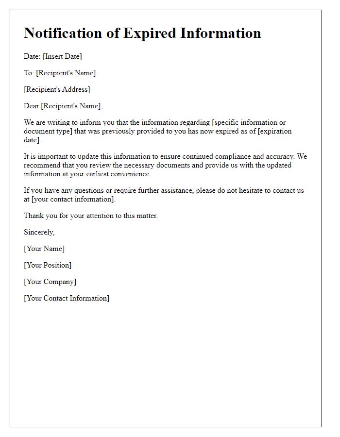 Letter template of notification about the issue of expired information.