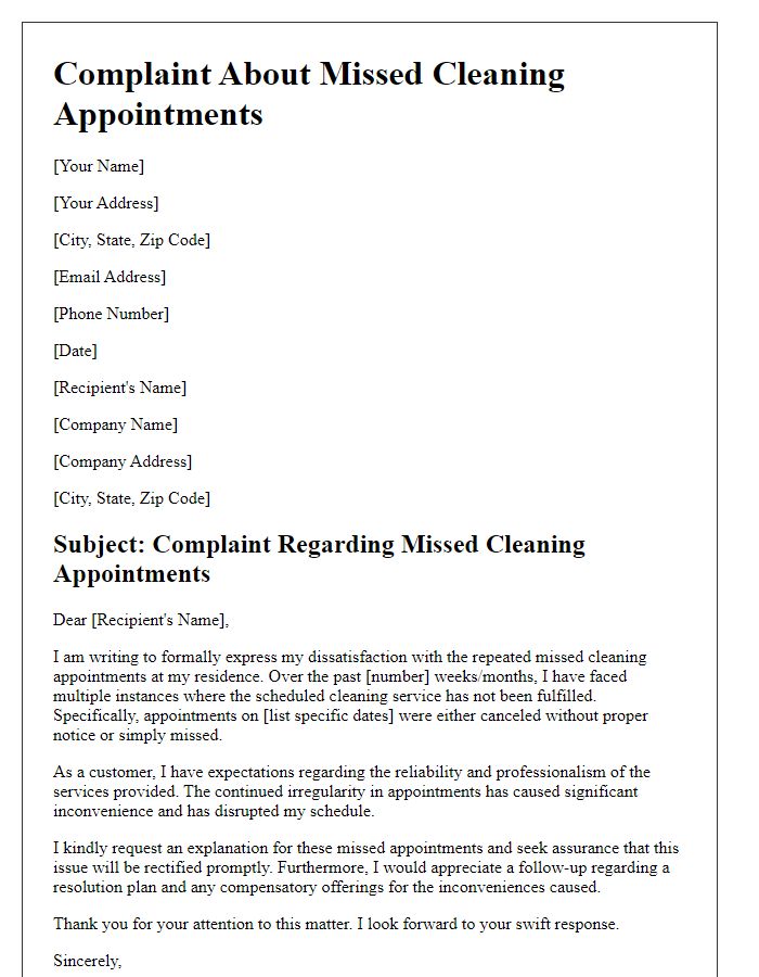 Letter template of complaint about missed cleaning appointments.