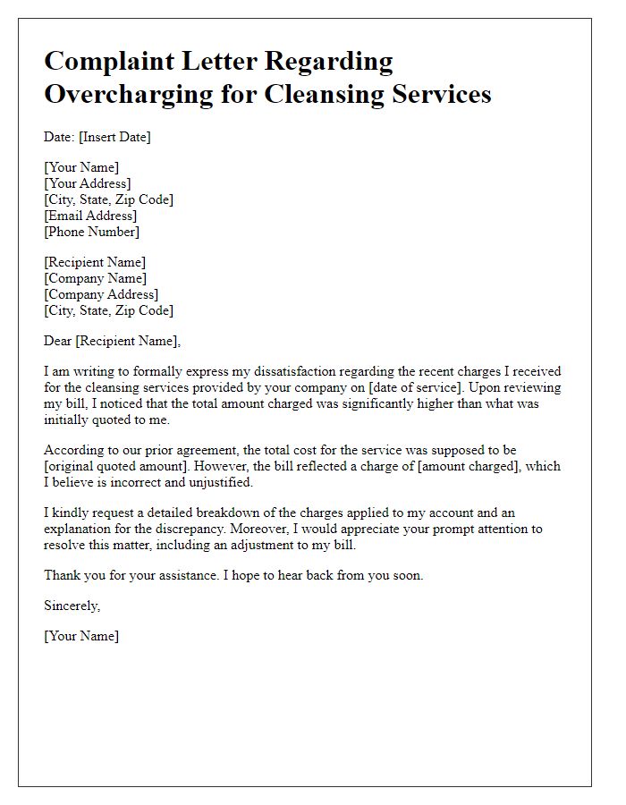 Letter template of complaint about overcharging for cleansing services.