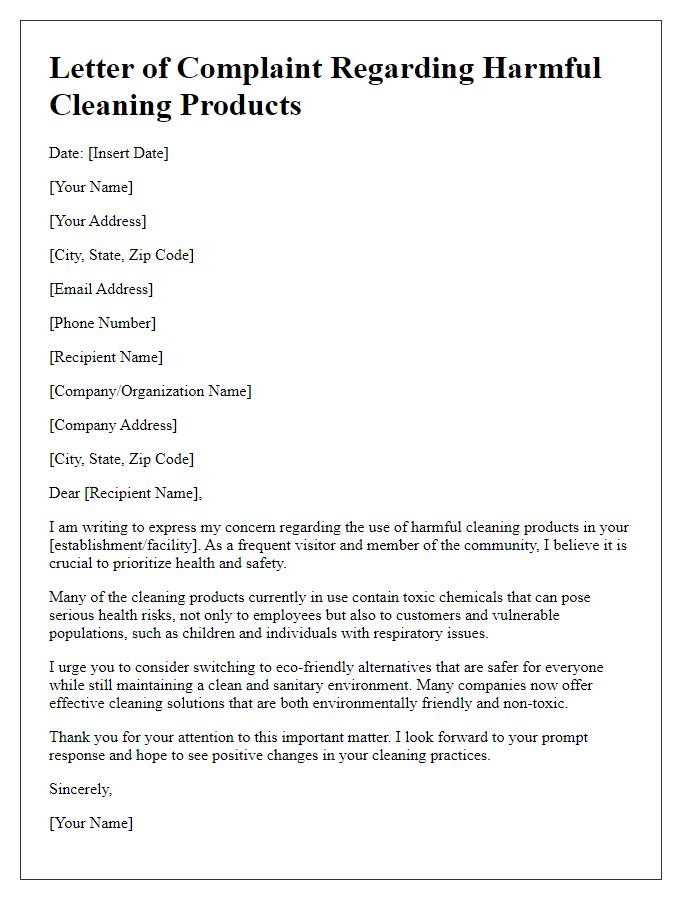 Letter template of complaint about the use of harmful cleaning products.