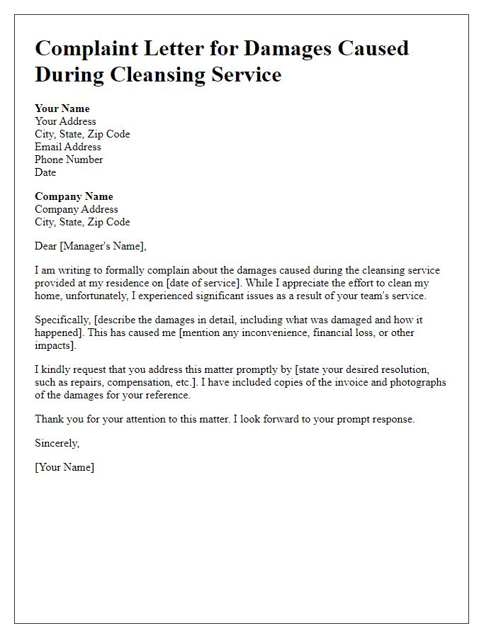 Letter template of complaint for damages caused during cleansing service.