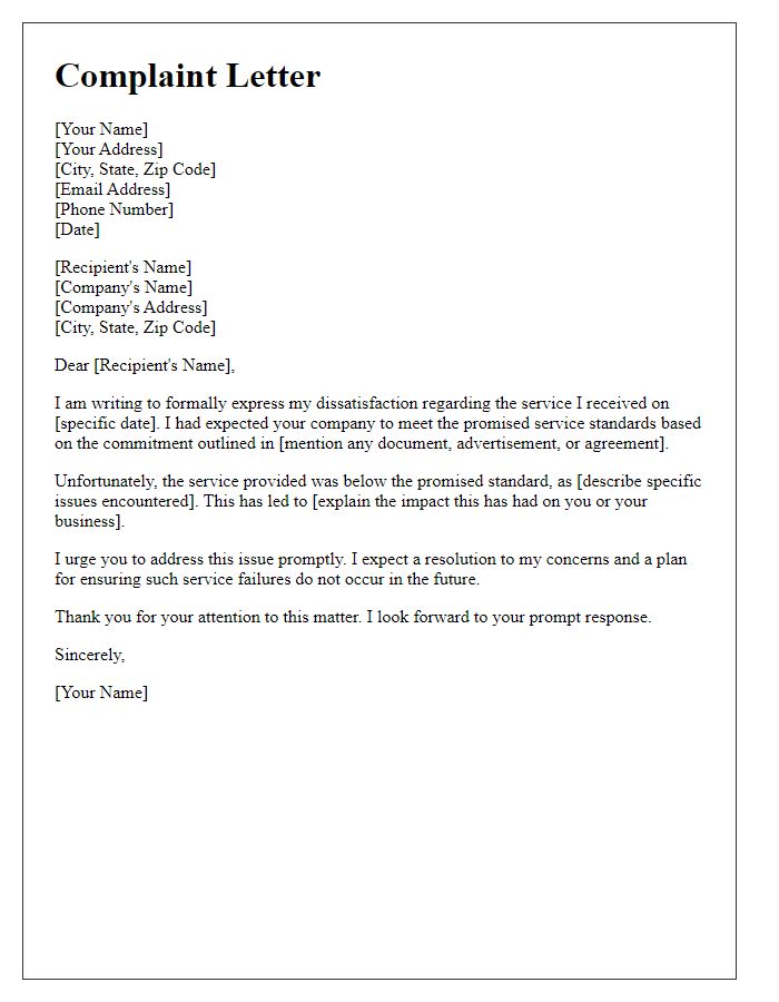 Letter template of complaint for failure to meet promised service standards.