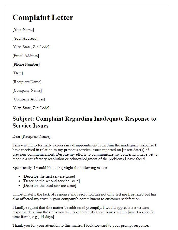 Letter template of complaint for inadequate response to previous service issues.