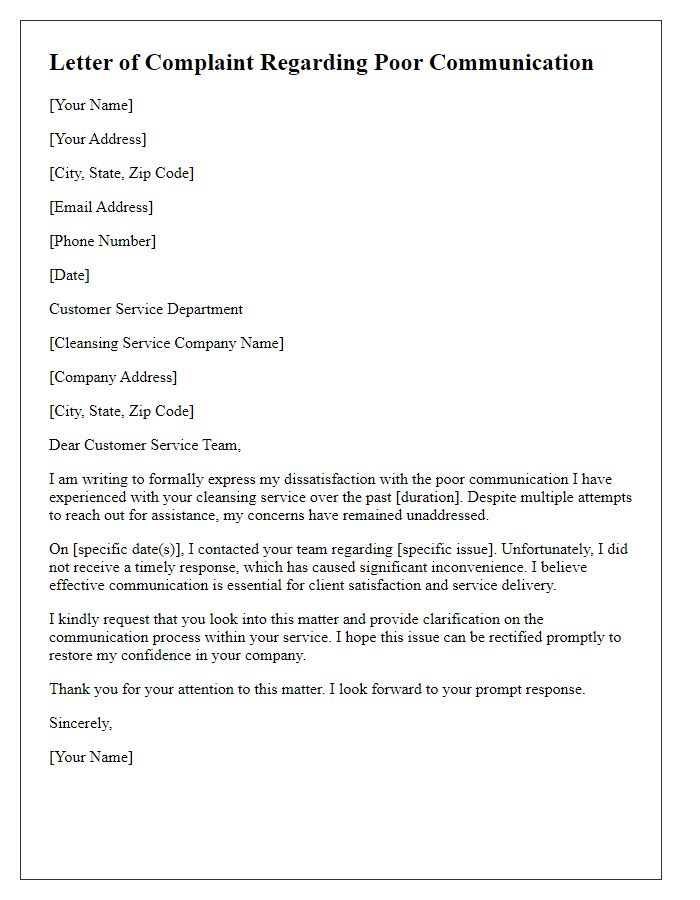 Letter template of complaint regarding poor communication with cleansing service.