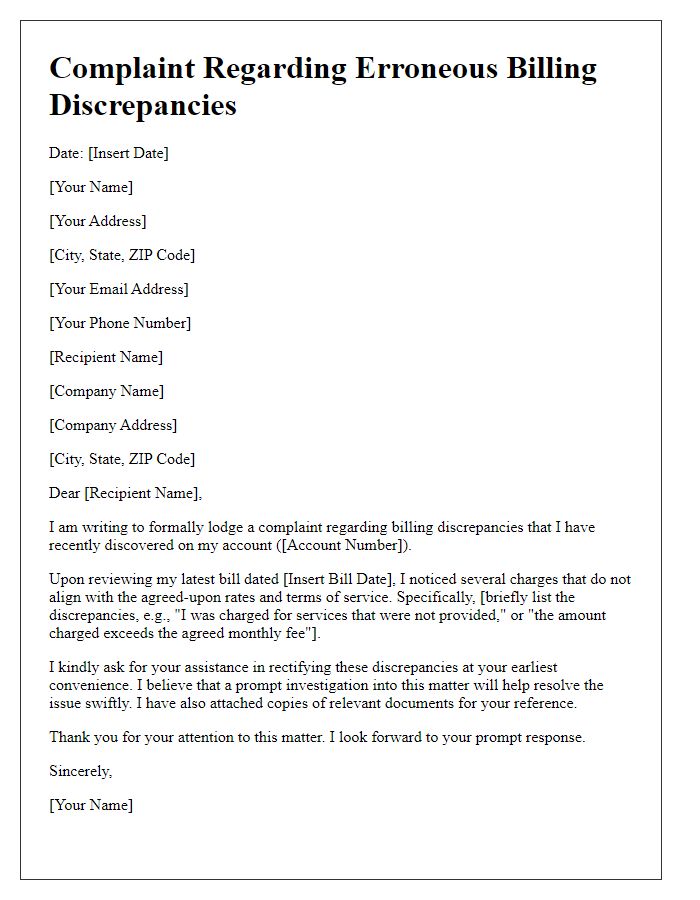 Letter template of complaint regarding erroneous billing discrepancies