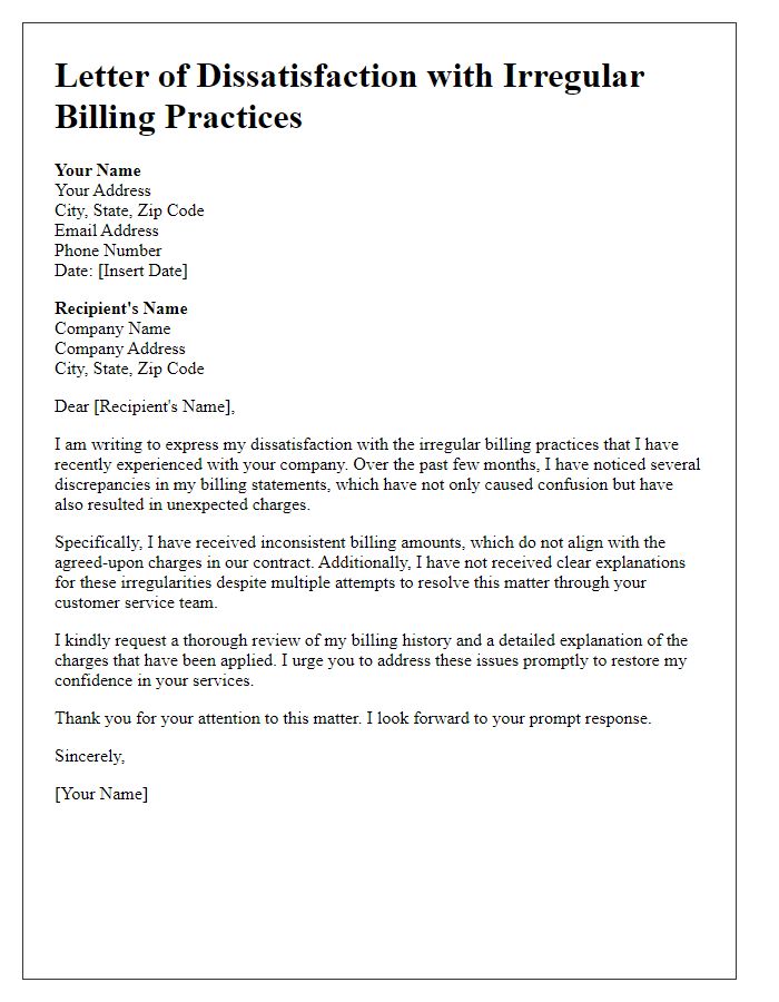 Letter template of dissatisfaction with irregular billing practices