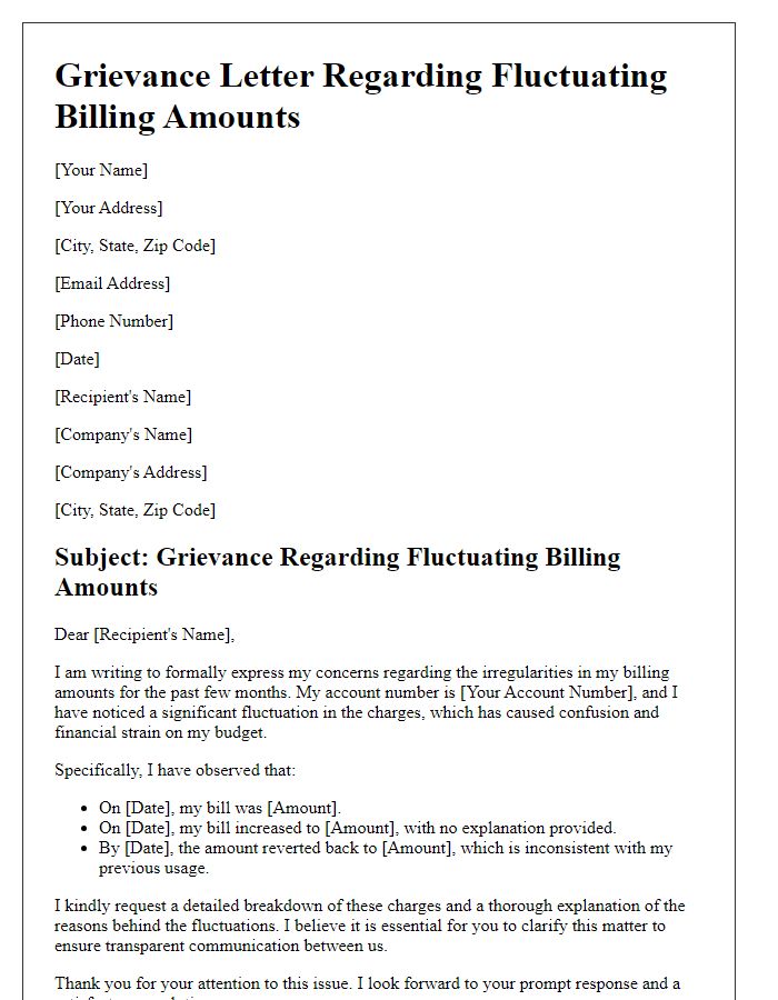 Letter template of grievance regarding fluctuating billing amounts