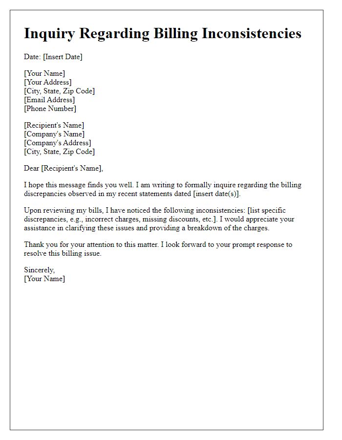 Letter template of inquiry regarding billing inconsistencies