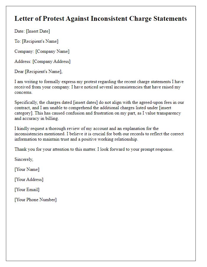 Letter template of protest against inconsistent charge statements