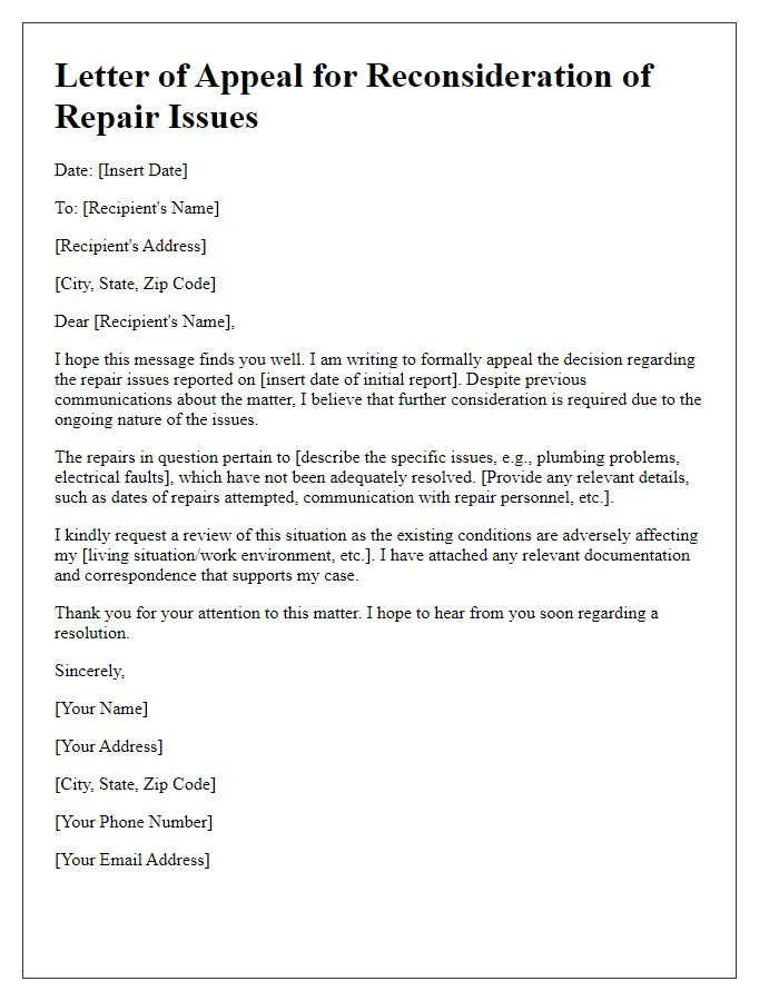 Letter template of appeal for reconsideration of repair issues.