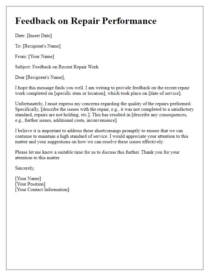 Letter template of feedback on poor repair performance.