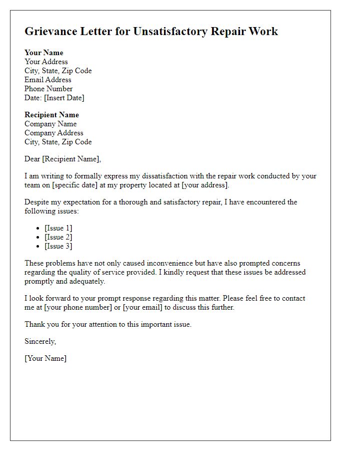 Letter template of grievance for unsatisfactory repair work.