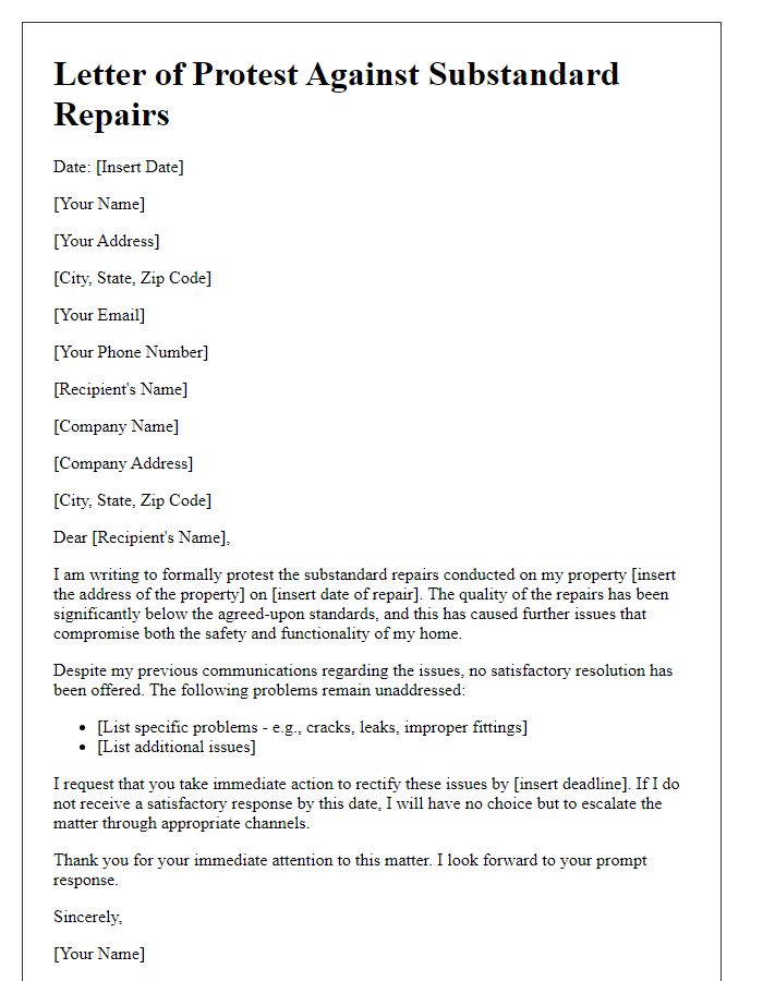 Letter template of protest against substandard repairs.