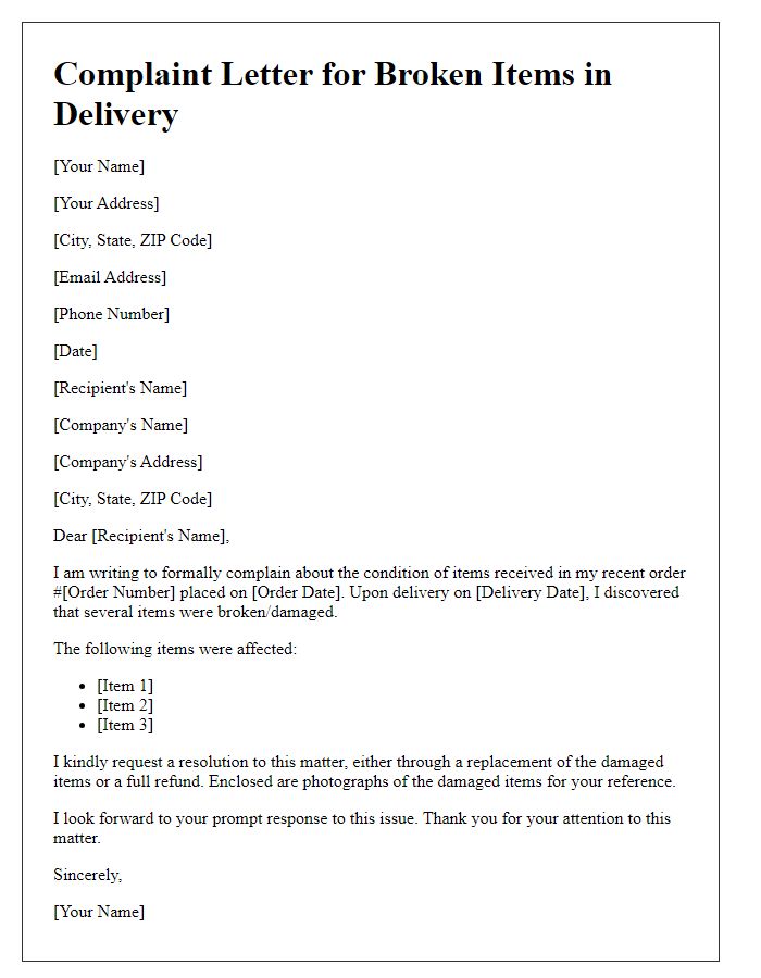 Letter template of complaint for broken items in delivery