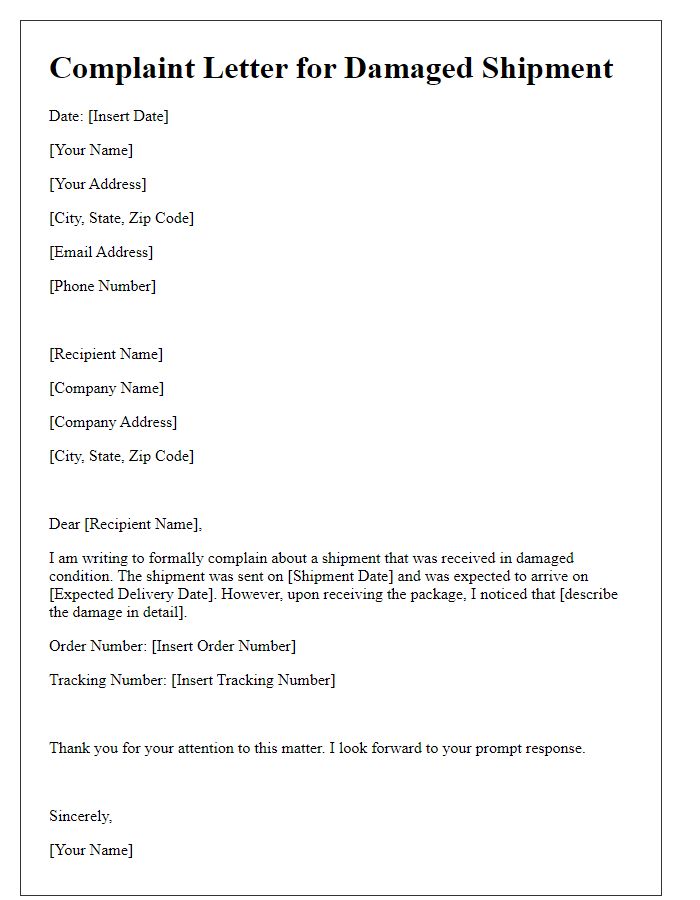 Letter template of complaint for damaged shipment during transit