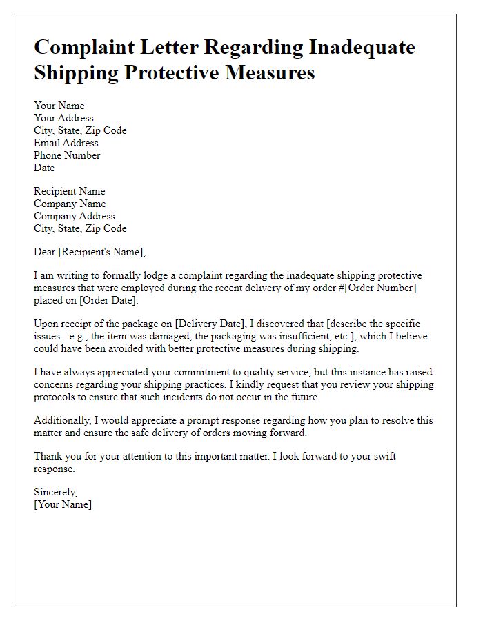 Letter template of complaint for inadequate shipping protective measures