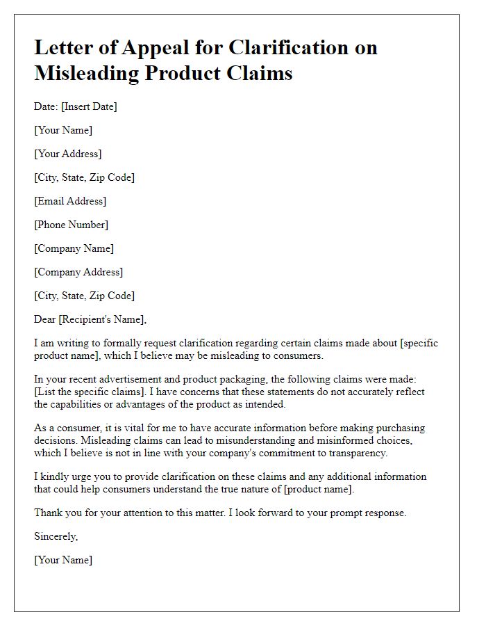 Letter template of appeal for clarification on misleading product claims