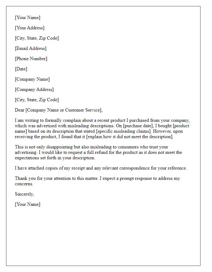 Letter template of complaint regarding misleading product description