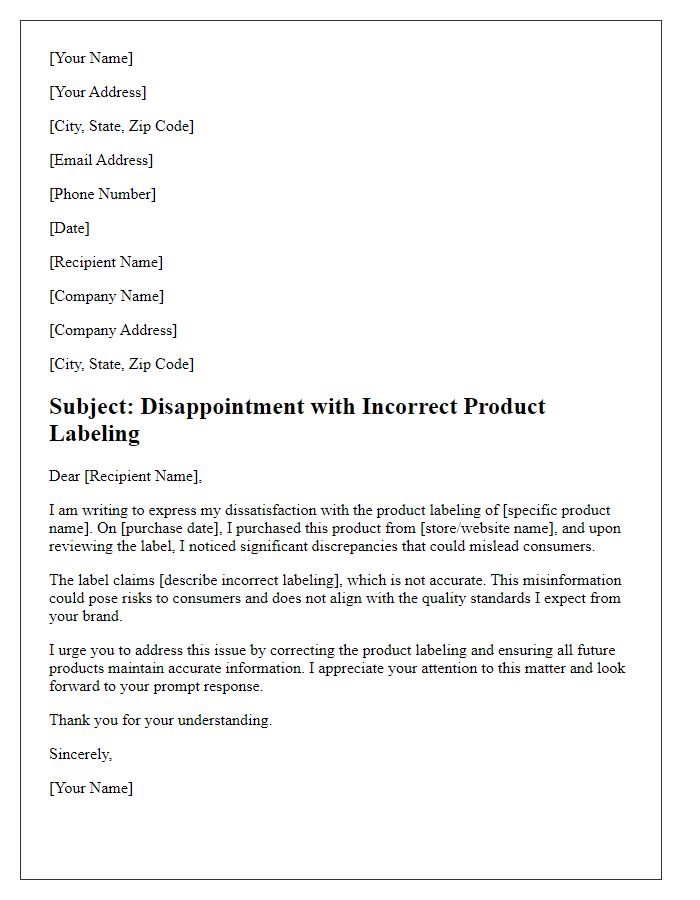 Letter template of dissatisfaction with incorrect product labeling