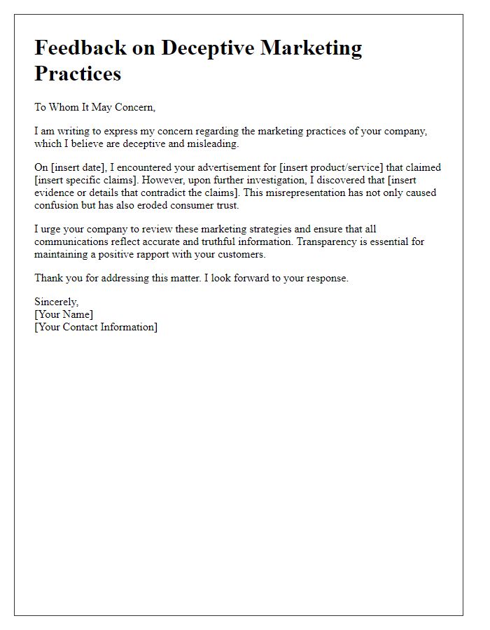 Letter template of feedback on deceptive marketing practices