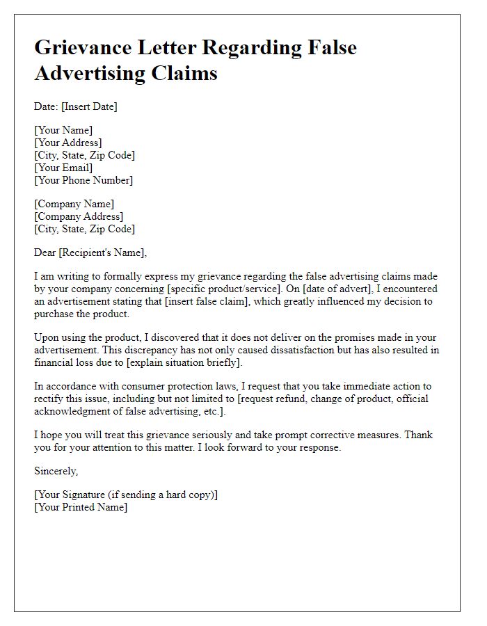 Letter template of grievance about false advertising claims