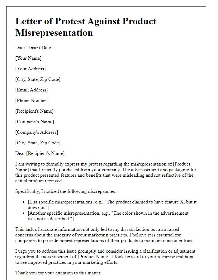 Letter template of protest against product misrepresentation